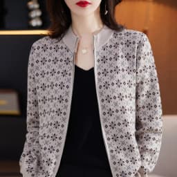 Autumn Winter Women 100% Cotton Color Block Jacquard Sweater O-neck Cardigan Top New Outerwear Knit Zipper Warm Jacket