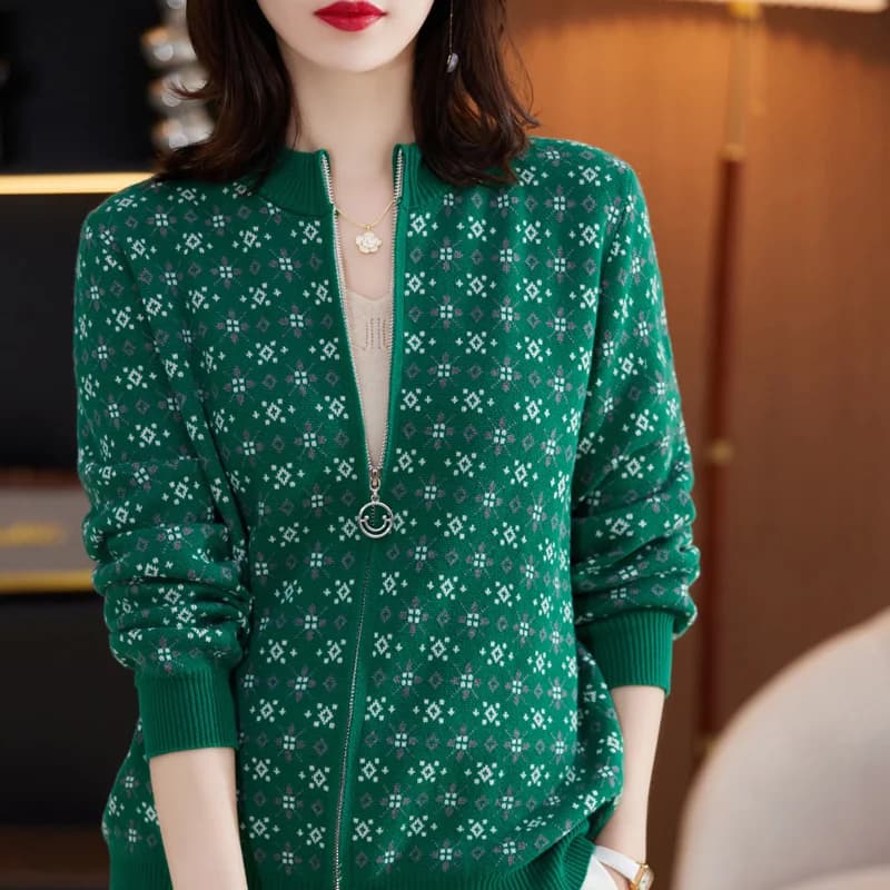 Autumn Winter Women 100% Cotton Color Block Jacquard Sweater O-neck Cardigan Top New Outerwear Knit Zipper Warm Jacket