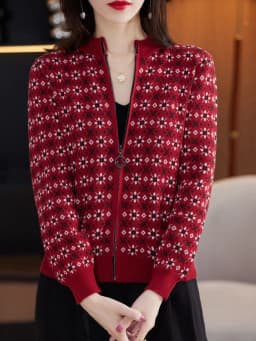Autumn Winter Women 100% Cotton Color Block Jacquard Sweater O-neck Cardigan Top New Outerwear Knit Zipper Warm Jacket