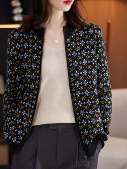 Autumn Winter Women 100% Cotton Color Block Jacquard Sweater O-neck Cardigan Top New Outerwear Knit Zipper Warm Jacket