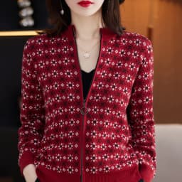 Autumn Winter Women 100% Cotton Color Block Jacquard Sweater O-neck Cardigan Top New Outerwear Knit Zipper Warm Jacket