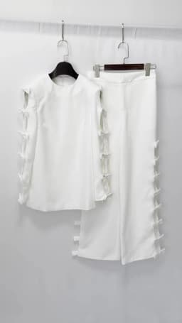 HIGH STREET Newest 2026 S/S Designer Runway Suit Set Women's Long Sleeve Hollow Out Bow Blouse Tops Wide Leg Pants Set 2pcs