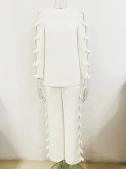 HIGH STREET Newest 2026 S/S Designer Runway Suit Set Women's Long Sleeve Hollow Out Bow Blouse Tops Wide Leg Pants Set 2pcs