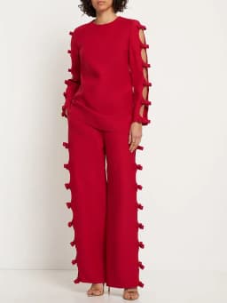 HIGH STREET Newest 2026 S/S Designer Runway Suit Set Women's Long Sleeve Hollow Out Bow Blouse Tops Wide Leg Pants Set 2pcs