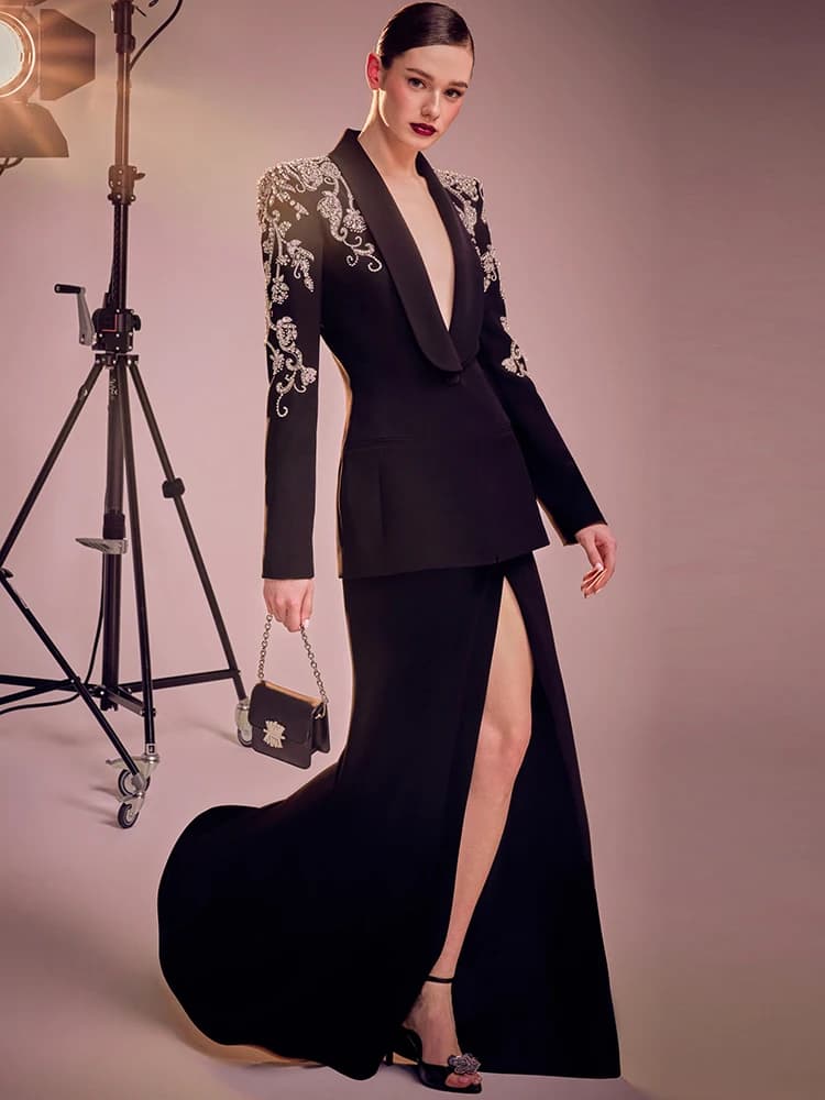 HIGH STREET Newest Fashion 2026 Women's Diamonds Rhinestone Beaded Blazer Mermaid Long Skirt