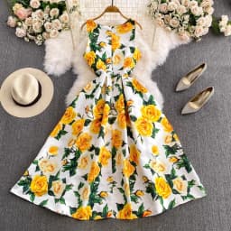Fashion Runway Summer Midi Long Women Dress O-Neck Sleeveless Elegant Yellow Rose Print Office Lady Work Wear Vestidos 6839