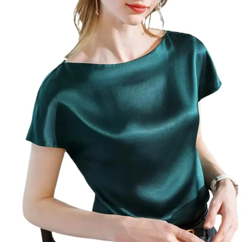 2026 Summer Basic Solid Women's Acetate satin Shirts boat neck Short Sleeve Tees Tops Satin Silk Elegant blouses plus size