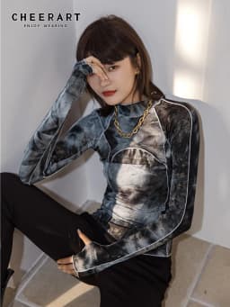 CHEERART Tie Dye Grey Black Turtleneck Woman Tshirts Bodycon Long Sleeve Top Women Fall Fashion Tee Shirt Femme Clothing