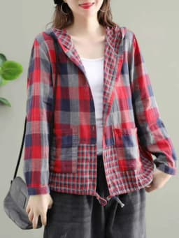 Amax LuluE 2024 Fashion Korean Spring Clothes Womens Plaid Hooded Shirts Ladies Linen Loose Blouses Female Casual Oversized Tops