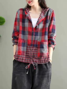 Amax LuluE 2024 Fashion Korean Spring Clothes Womens Plaid Hooded Shirts Ladies Linen Loose Blouses Female Casual Oversized Tops