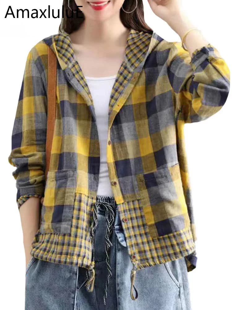 Amax LuluE 2024 Fashion Korean Spring Clothes Womens Plaid Hooded Shirts Ladies Linen Loose Blouses Female Casual Oversized Tops