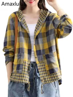 Amax LuluE 2024 Fashion Korean Spring Clothes Womens Plaid Hooded Shirts Ladies Linen Loose Blouses Female Casual Oversized Tops