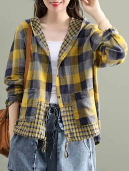 Amax LuluE 2024 Fashion Korean Spring Clothes Womens Plaid Hooded Shirts Ladies Linen Loose Blouses Female Casual Oversized Tops