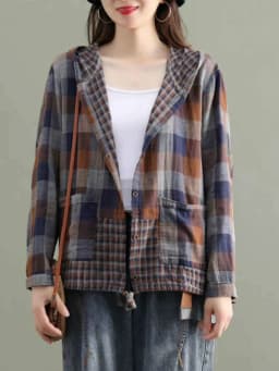 Amax LuluE 2024 Fashion Korean Spring Clothes Womens Plaid Hooded Shirts Ladies Linen Loose Blouses Female Casual Oversized Tops