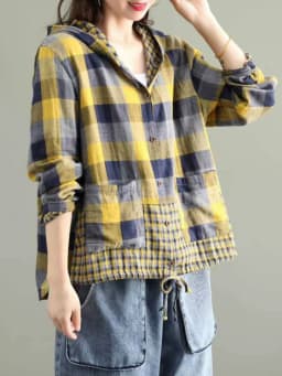 Amax LuluE 2024 Fashion Korean Spring Clothes Womens Plaid Hooded Shirts Ladies Linen Loose Blouses Female Casual Oversized Tops