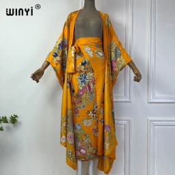 WINYI new summer cardigan beach Long dress two-piece suit for women Bohemian Print maxi Dress Women Floor Length vacation kimono