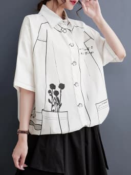 White Cotton Oversized Vintage Print Shirt Women New Drawstring Short Sleeve Loose Casual Blouse Top Fashion Clothes Summer 2026