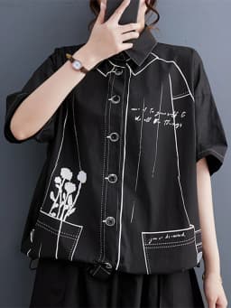 White Cotton Oversized Vintage Print Shirt Women New Drawstring Short Sleeve Loose Casual Blouse Top Fashion Clothes Summer 2026