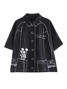 White Cotton Oversized Vintage Print Shirt Women New Drawstring Short Sleeve Loose Casual Blouse Top Fashion Clothes Summer 2026