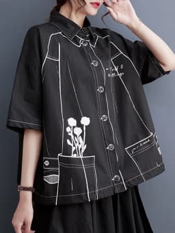 White Cotton Oversized Vintage Print Shirt Women New Drawstring Short Sleeve Loose Casual Blouse Top Fashion Clothes Summer 2026