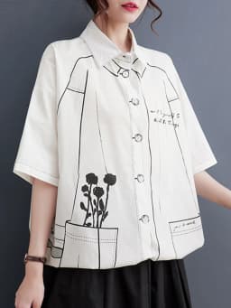 White Cotton Oversized Vintage Print Shirt Women New Drawstring Short Sleeve Loose Casual Blouse Top Fashion Clothes Summer 2026