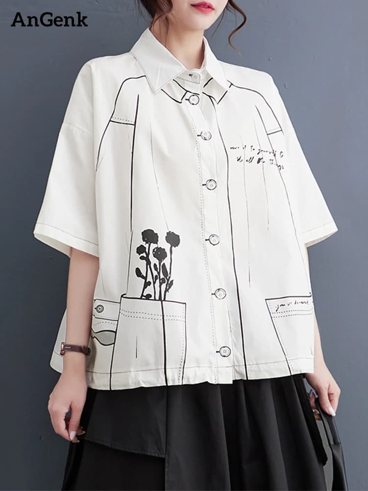 White Cotton Oversized Vintage Print Shirt Women New Drawstring Short Sleeve Loose Casual Blouse Top Fashion Clothes Summer 2026