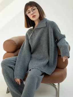 Autumn Knitted Two Piece Set Women 2025 Zipper Sweaters and Wide-leg Pants Suit Solid High-neck Pullover Sets for Women 2 Pieces