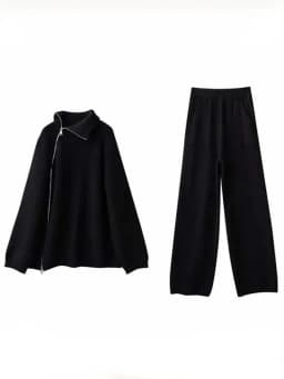 Autumn Knitted Two Piece Set Women 2025 Zipper Sweaters and Wide-leg Pants Suit Solid High-neck Pullover Sets for Women 2 Pieces