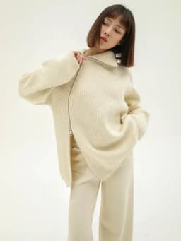 Autumn Knitted Two Piece Set Women 2025 Zipper Sweaters and Wide-leg Pants Suit Solid High-neck Pullover Sets for Women 2 Pieces