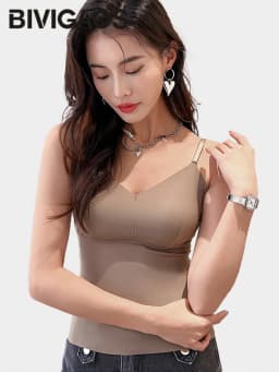 BIVIGAOS Women's Summer Seamless Ice Silk Cool Feeling Camisole V Neck Chest Pad Bra Top Sexy Underwear Bottoming Vest  Crop Top