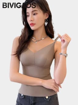 BIVIGAOS Women's Summer Seamless Ice Silk Cool Feeling Camisole V Neck Chest Pad Bra Top Sexy Underwear Bottoming Vest  Crop Top