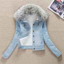 2023 Autumn Winter Fleece Denim Jacket Women Big Fur Collar Short Coat Thicken Velvet Liner Warm Tops Lady Jean Coat Outerwear