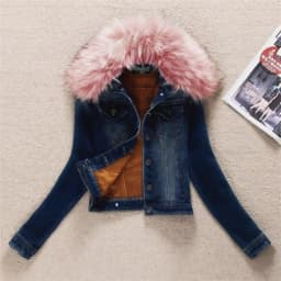 2023 Autumn Winter Fleece Denim Jacket Women Big Fur Collar Short Coat Thicken Velvet Liner Warm Tops Lady Jean Coat Outerwear