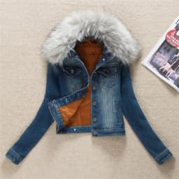 2023 Autumn Winter Fleece Denim Jacket Women Big Fur Collar Short Coat Thicken Velvet Liner Warm Tops Lady Jean Coat Outerwear
