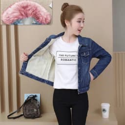 2023 Autumn Winter Fleece Denim Jacket Women Big Fur Collar Short Coat Thicken Velvet Liner Warm Tops Lady Jean Coat Outerwear