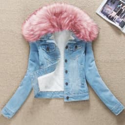 2023 Autumn Winter Fleece Denim Jacket Women Big Fur Collar Short Coat Thicken Velvet Liner Warm Tops Lady Jean Coat Outerwear