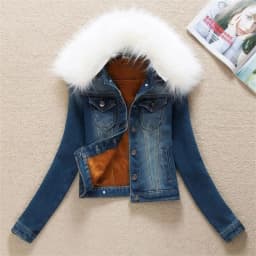 2023 Autumn Winter Fleece Denim Jacket Women Big Fur Collar Short Coat Thicken Velvet Liner Warm Tops Lady Jean Coat Outerwear