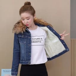 2023 Autumn Winter Fleece Denim Jacket Women Big Fur Collar Short Coat Thicken Velvet Liner Warm Tops Lady Jean Coat Outerwear