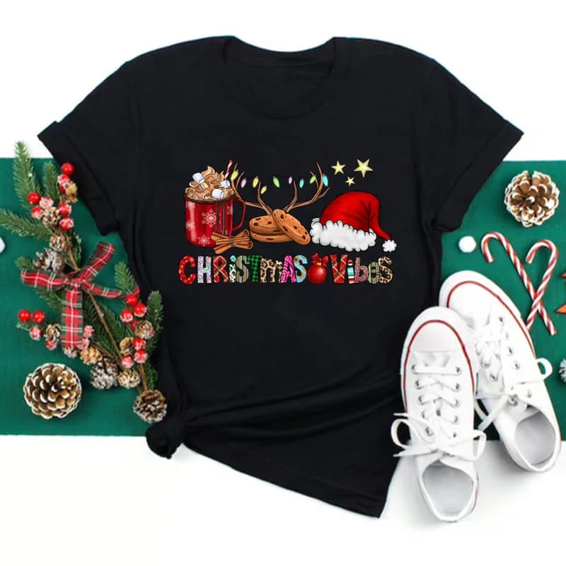 Women Christmas Santa Hat Print Black T Shirt Christmas Xmas Gifts Women's Top Tees Tshirt Harajuku Fashion New Year T-shirt