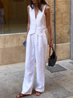 Retro Linen Women'S Suits Women 2026 Blue Sleeveless Button Up Vest Tops + Wide Leg Pants Sets 2 Pieces Outfits Ensemble Femme