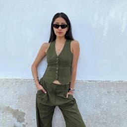 Retro Linen Women'S Suits Women 2026 Blue Sleeveless Button Up Vest Tops + Wide Leg Pants Sets 2 Pieces Outfits Ensemble Femme