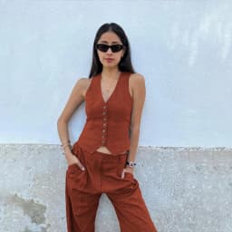 Retro Linen Women'S Suits Women 2026 Blue Sleeveless Button Up Vest Tops + Wide Leg Pants Sets 2 Pieces Outfits Ensemble Femme