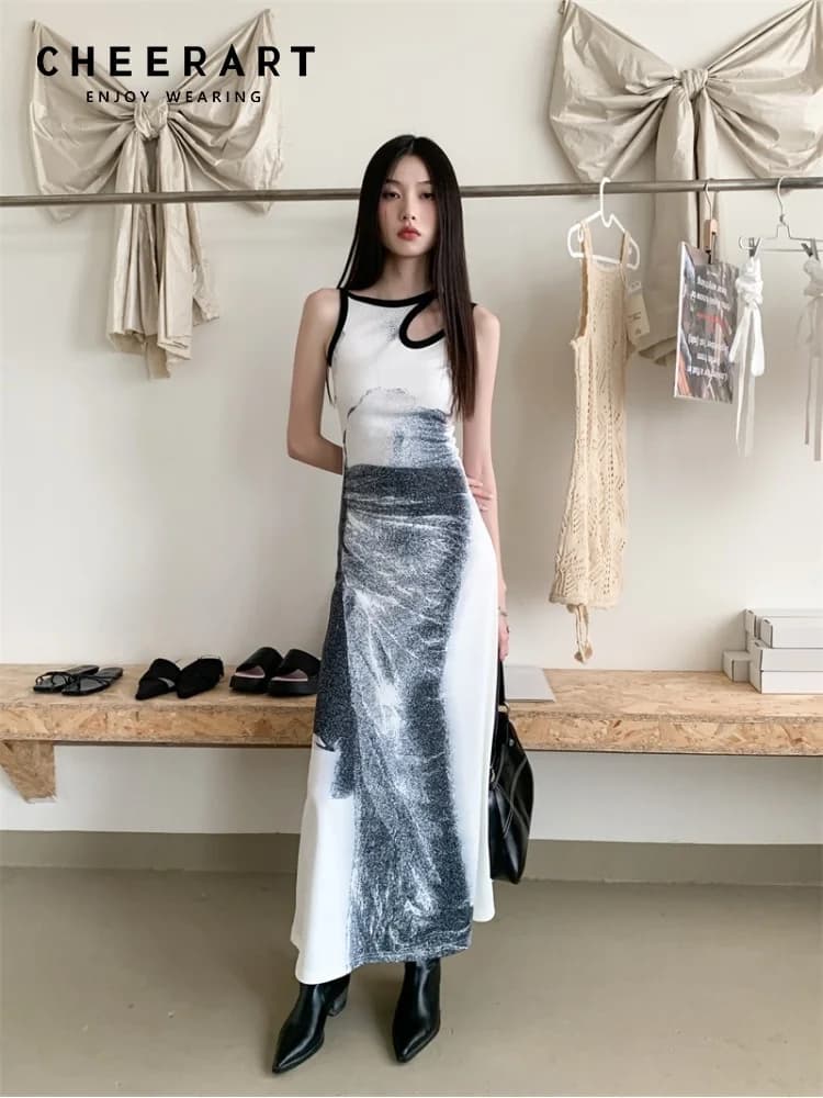 CHEERART Cut Out White Designer Long Dress For Women 2023 Sleeveless A Line Tunics Bodycon Midi Dress Summer Aesthetic Clothes