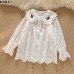Kawaii Lolita Blouse Women Retro Flower Embroidery Long Sleeve JK Shirt Top Girl Harajuku Peter Pan Collar White Elegant Blouses