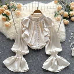 Elegant Vintage Ruffle Blouse Single Breasted Puff Long Sleeves Korean Fashion Sweet Top Women Chic Goth Spring Autumn Shirt