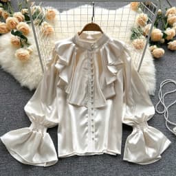Elegant Vintage Ruffle Blouse Single Breasted Puff Long Sleeves Korean Fashion Sweet Top Women Chic Goth Spring Autumn Shirt