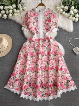 Runway Summer Flower Embroidery Crochet Lace Evening Prom Holiday Dress Women Short Sleeve Lace Patchwork Midi Vestidos 6949