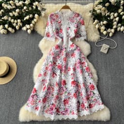 Runway Summer Flower Embroidery Crochet Lace Evening Prom Holiday Dress Women Short Sleeve Lace Patchwork Midi Vestidos 6949