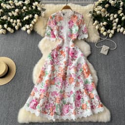 Runway Summer Flower Embroidery Crochet Lace Evening Prom Holiday Dress Women Short Sleeve Lace Patchwork Midi Vestidos 6949