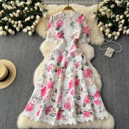 Runway Summer Flower Embroidery Crochet Lace Evening Prom Holiday Dress Women Short Sleeve Lace Patchwork Midi Vestidos 6949